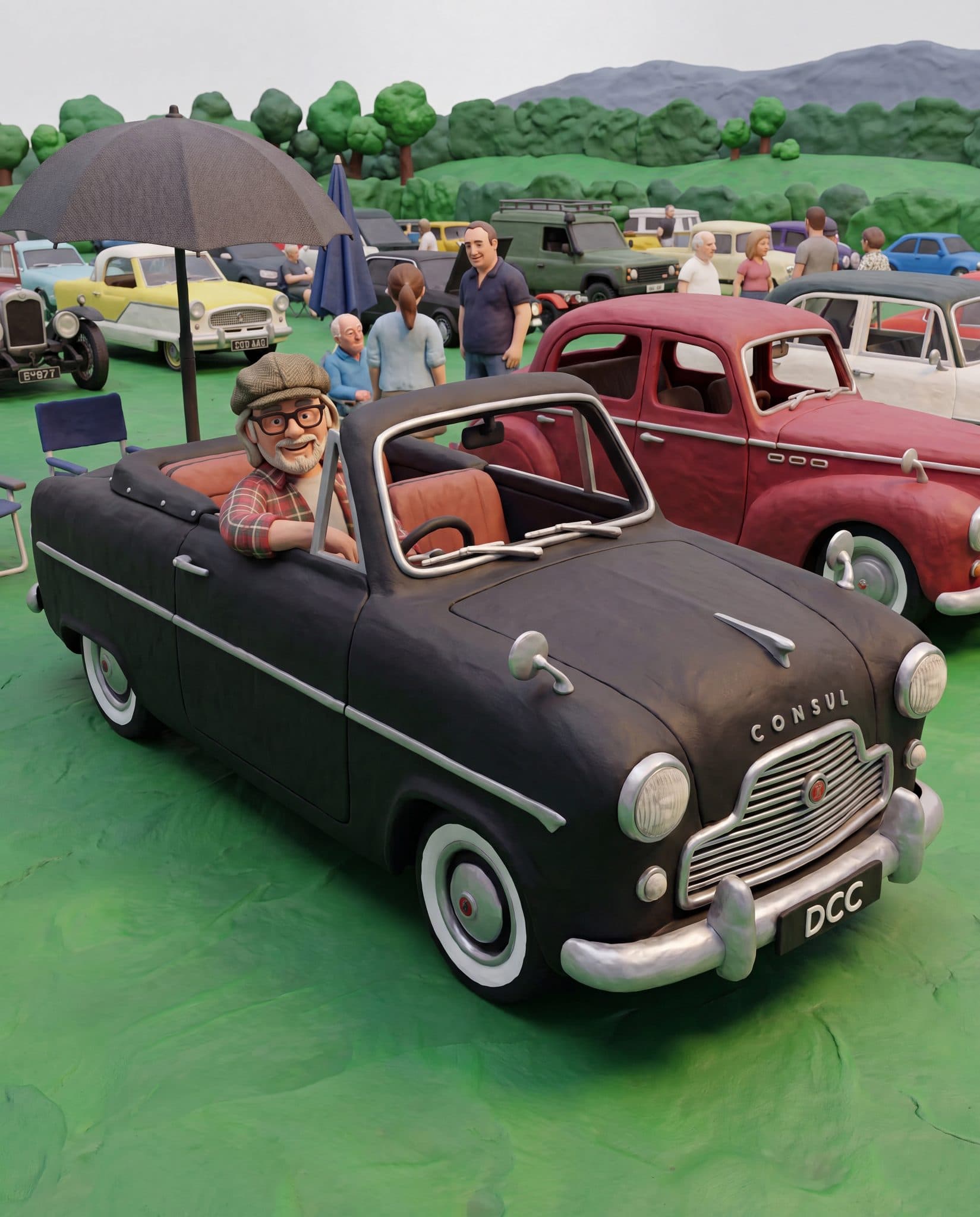 Claymation model scene of the Junk & Disorderly visit to Dean's Ford Consul — DCC claymation artwork