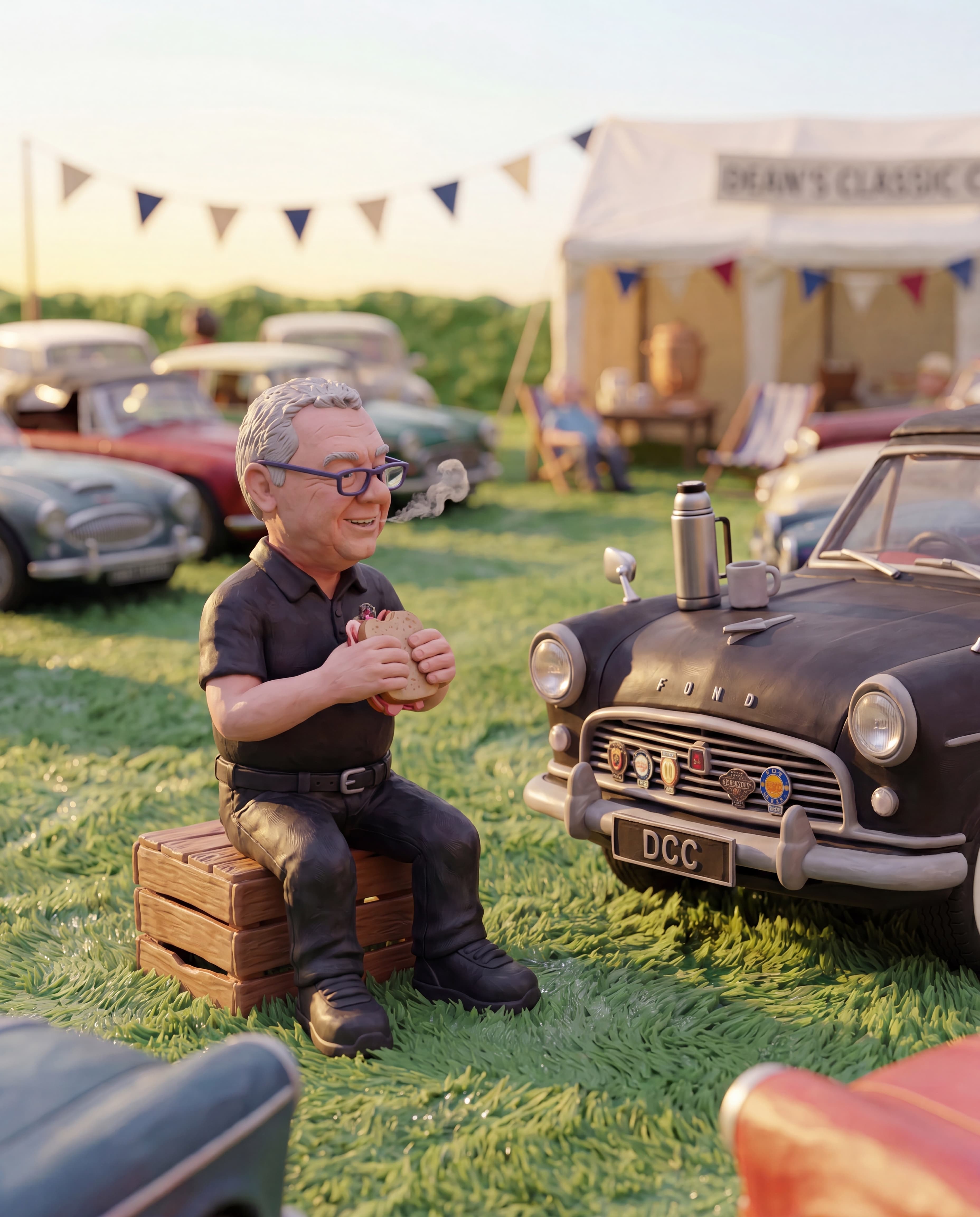 Dean tucking into a sandwich beside his black Ford Consul claymation scene