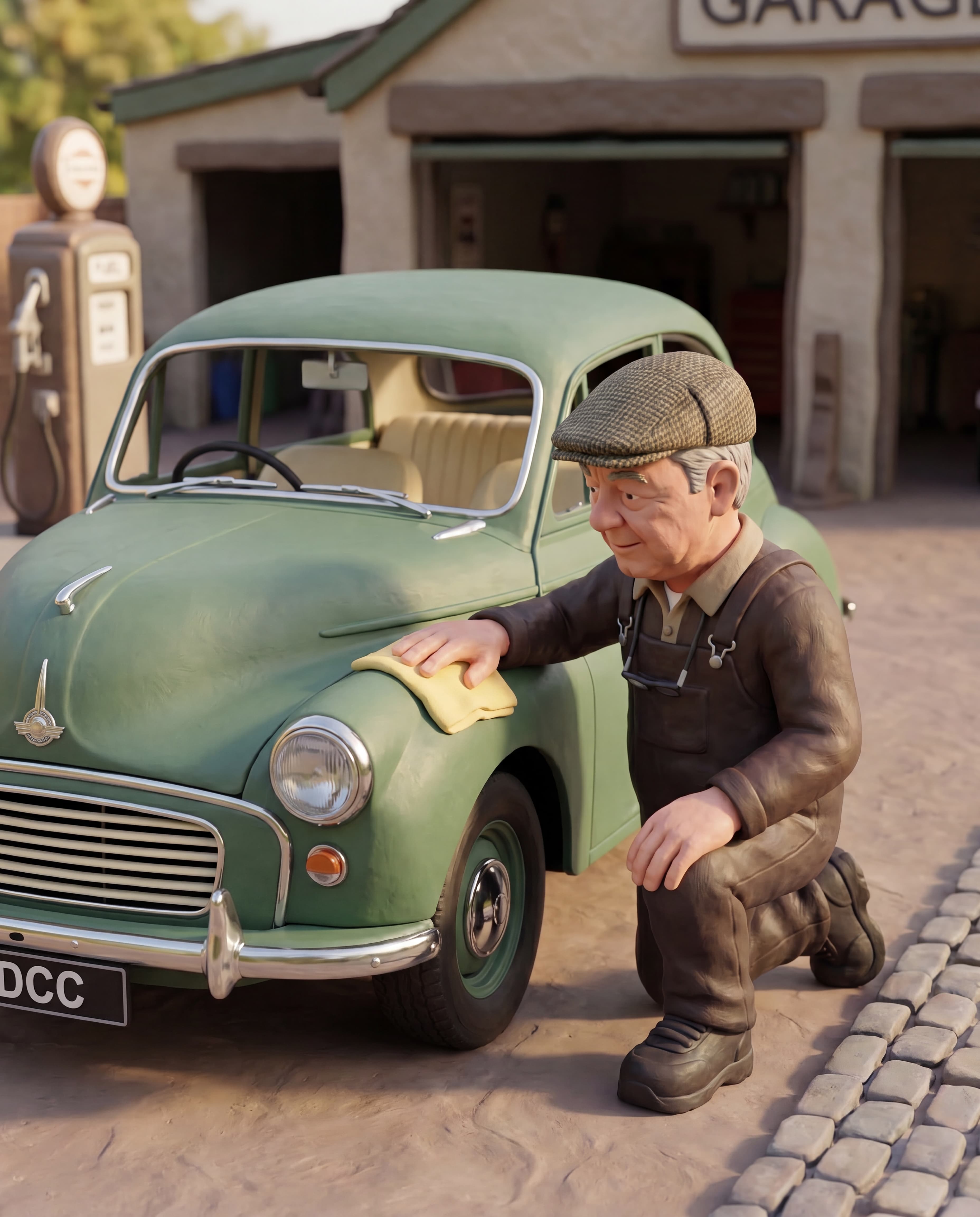 Dean valeting a 1951 Morris Minor MM saloon claymation scene