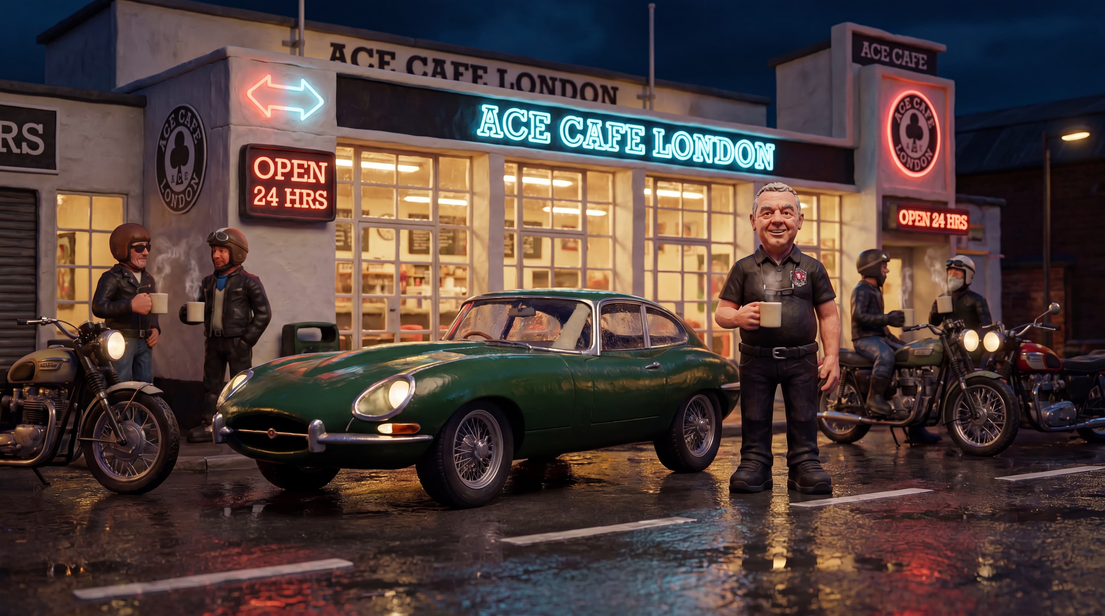 Classic cars parked outside the Ace Cafe at night under neon signs claymation scene