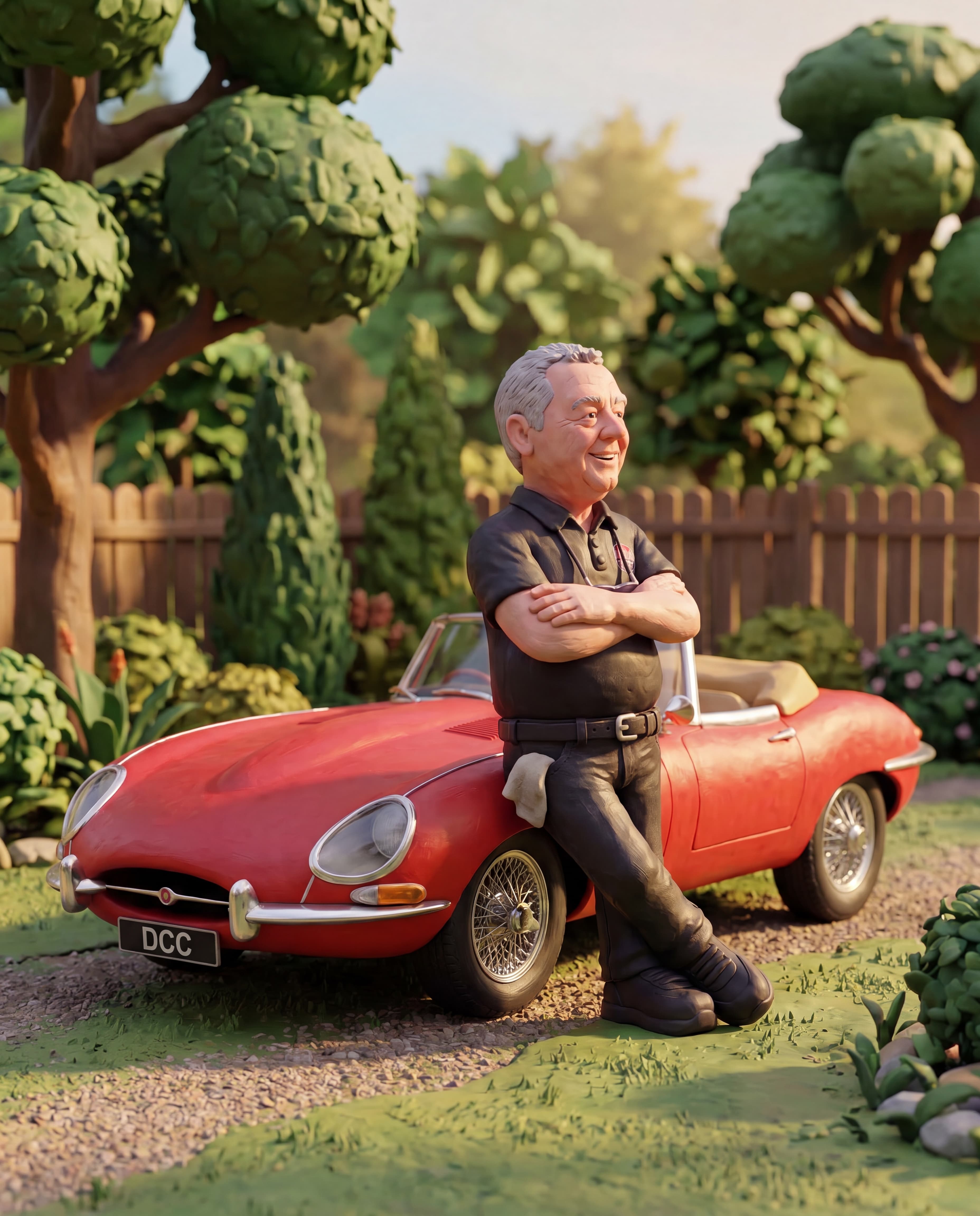 Dean leaning on a red Jaguar E-Type claymation scene
