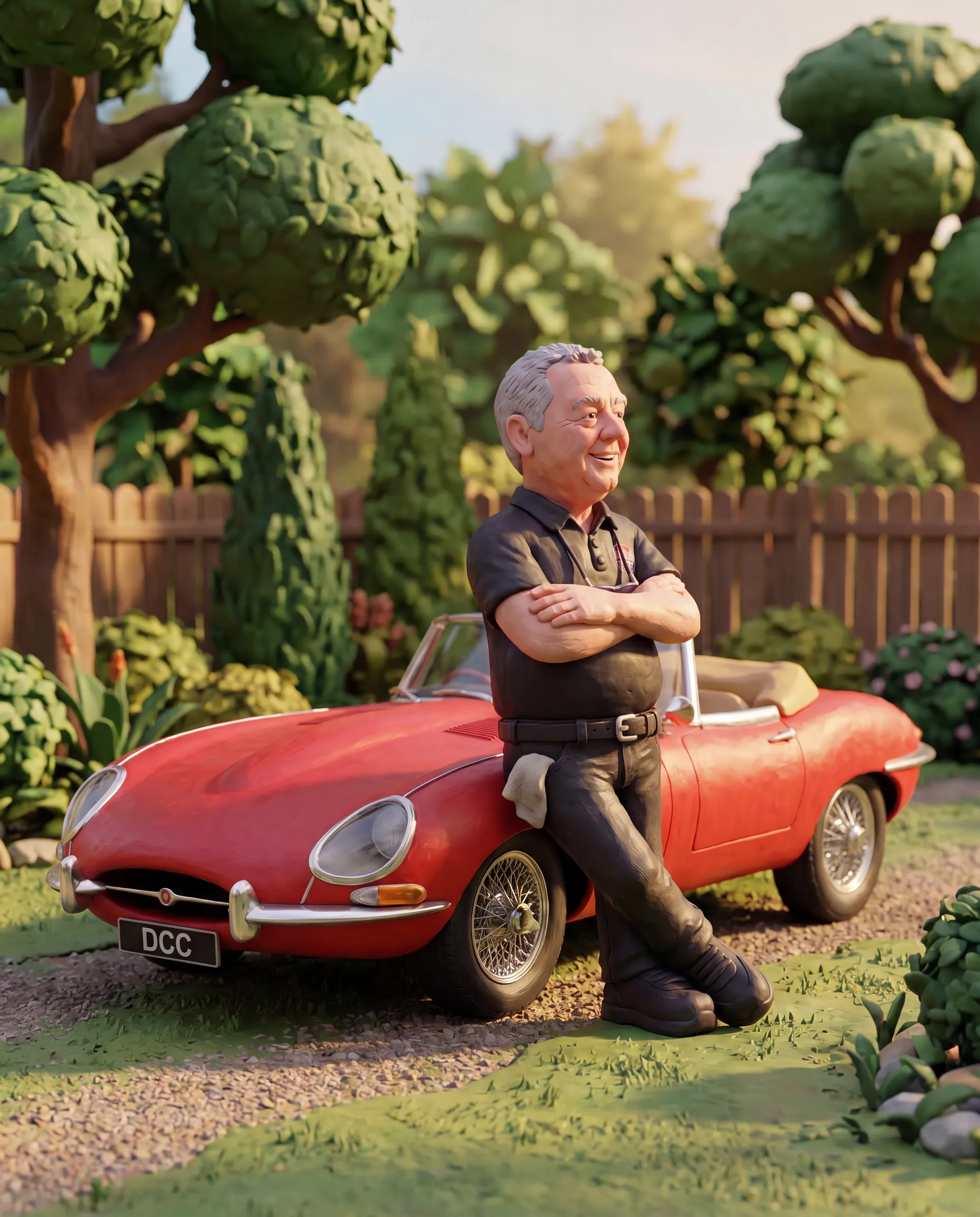 Dean leaning on a red Jaguar E-Type claymation scene