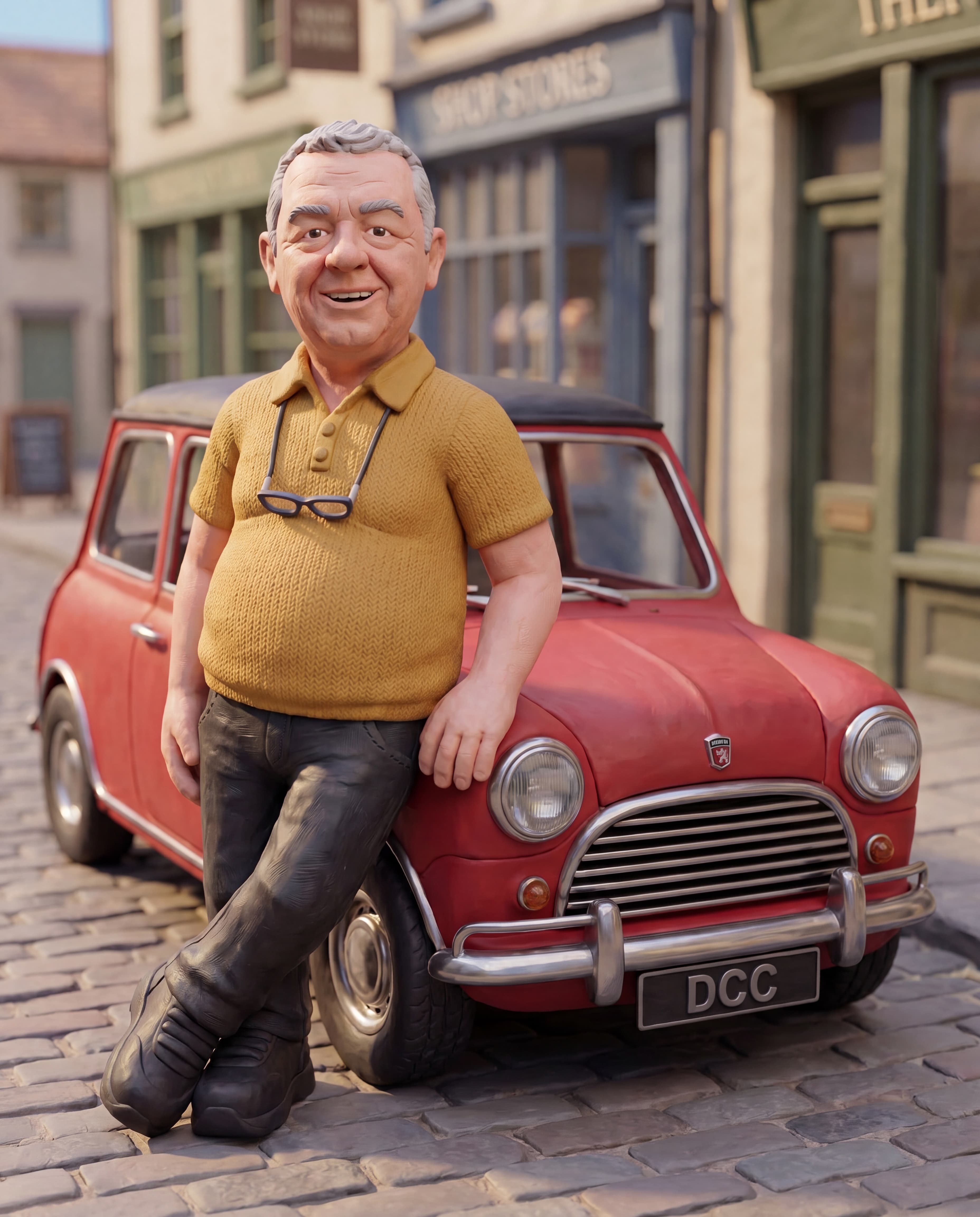 Dean leaning on a red 1964 Mini Cooper S claymation scene