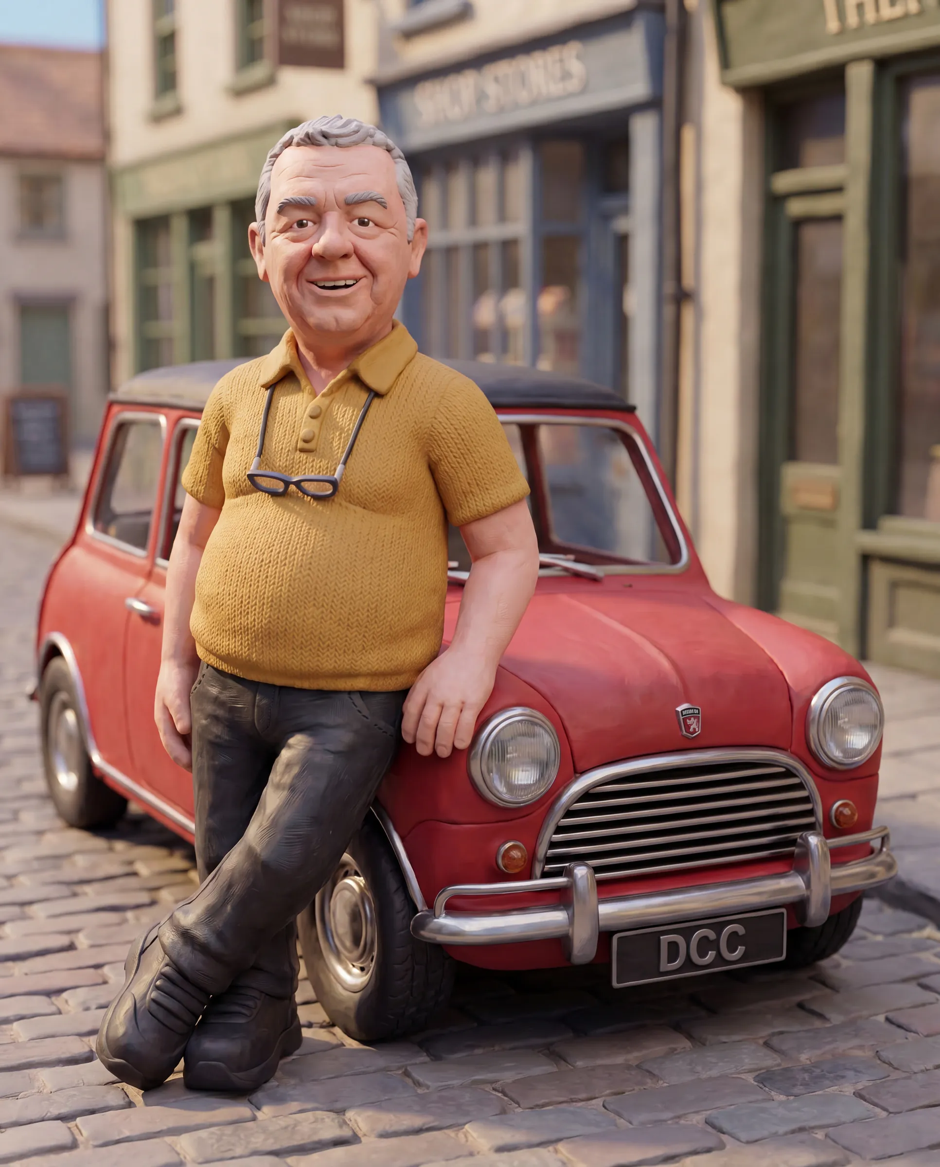 Dean leaning on a red 1964 Mini Cooper S claymation scene