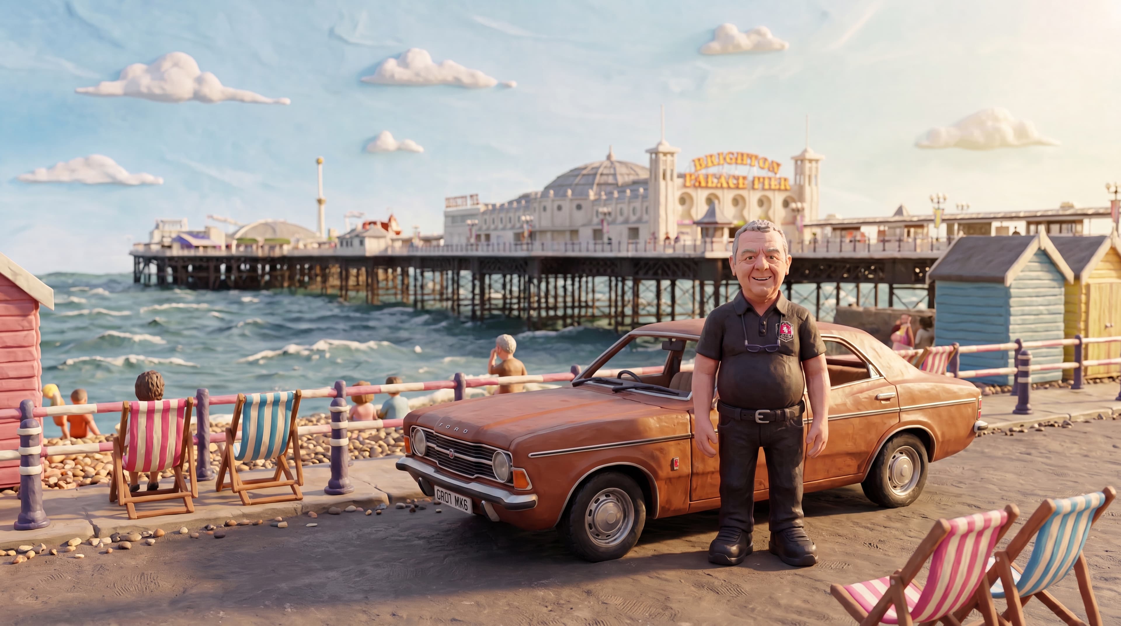 Classic cars parked along the Brighton seafront with the Palace Pier in the background claymation scene