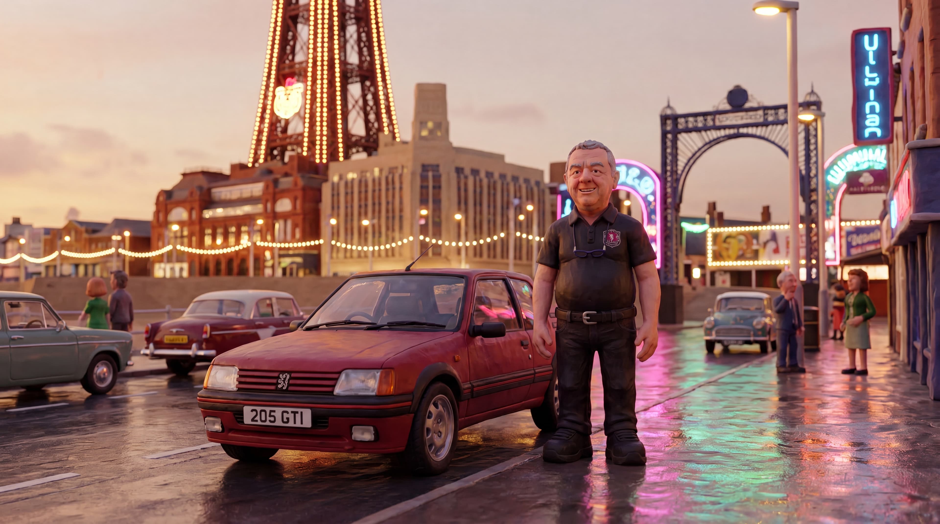 Classic cars cruising down the Blackpool promenade at night with the lit Tower in the background claymation scene