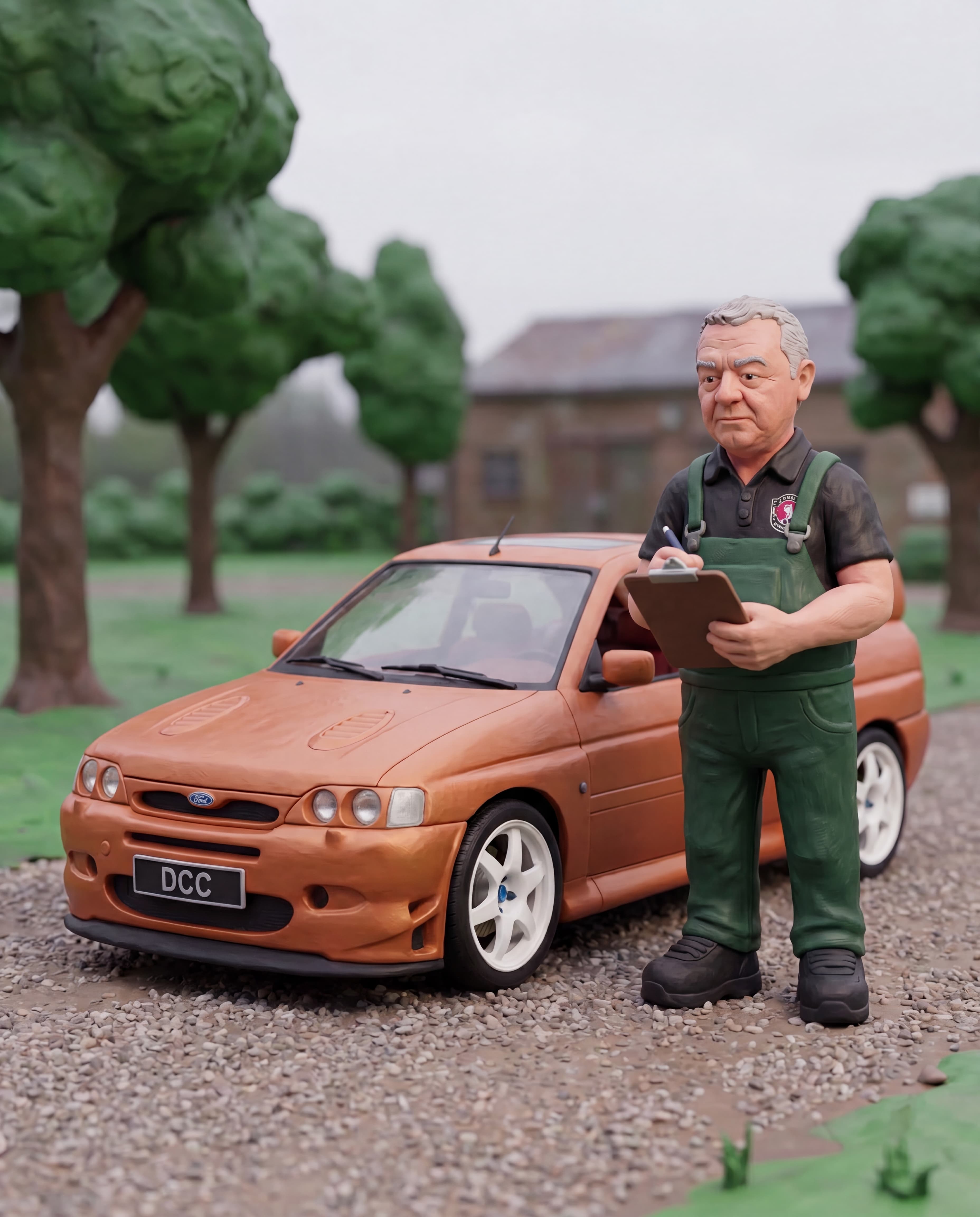 Dean in his overalls inspecting a Ford Escort RS Cosworth claymation scene