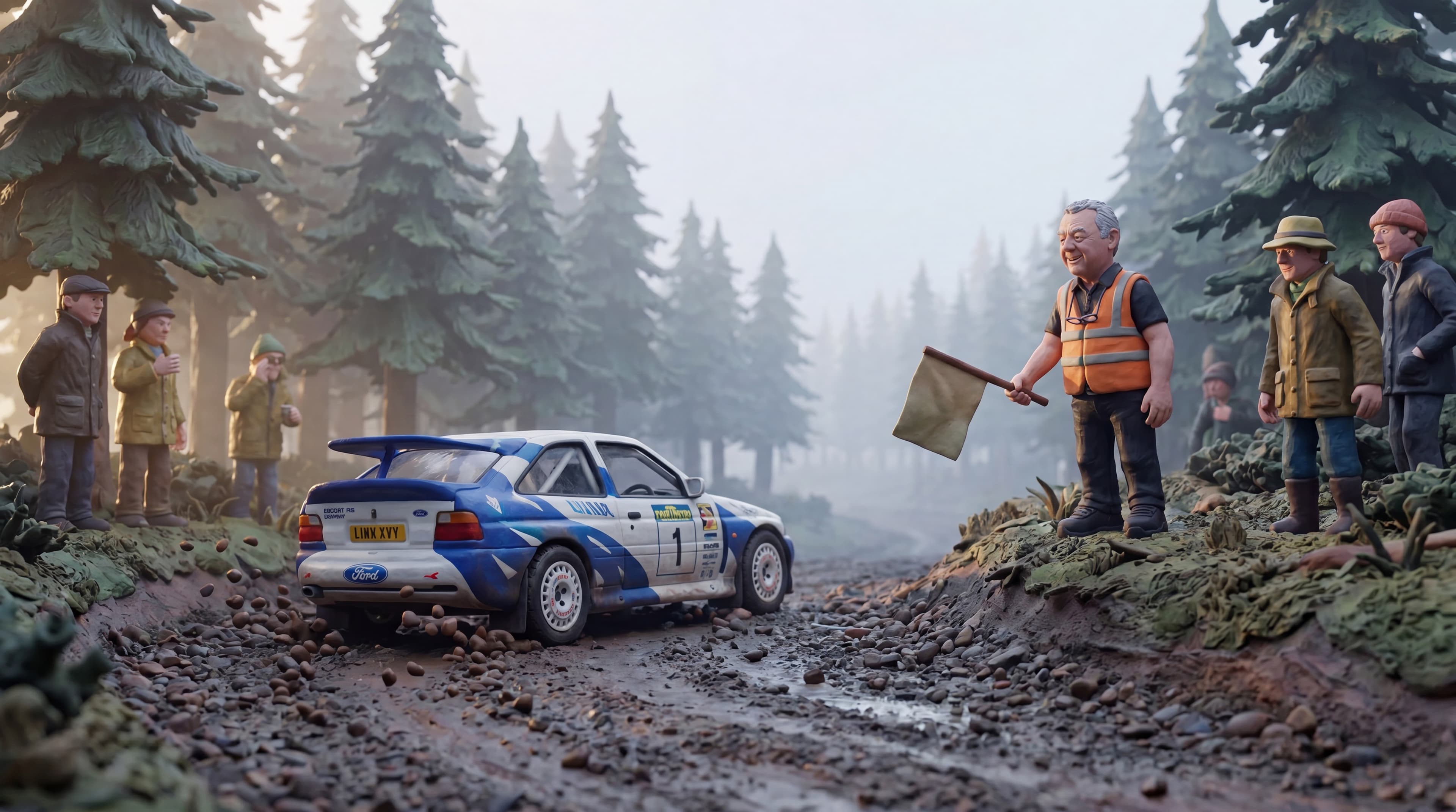 A rally car speeding through Kielder Forest at dawn with headlights on claymation scene