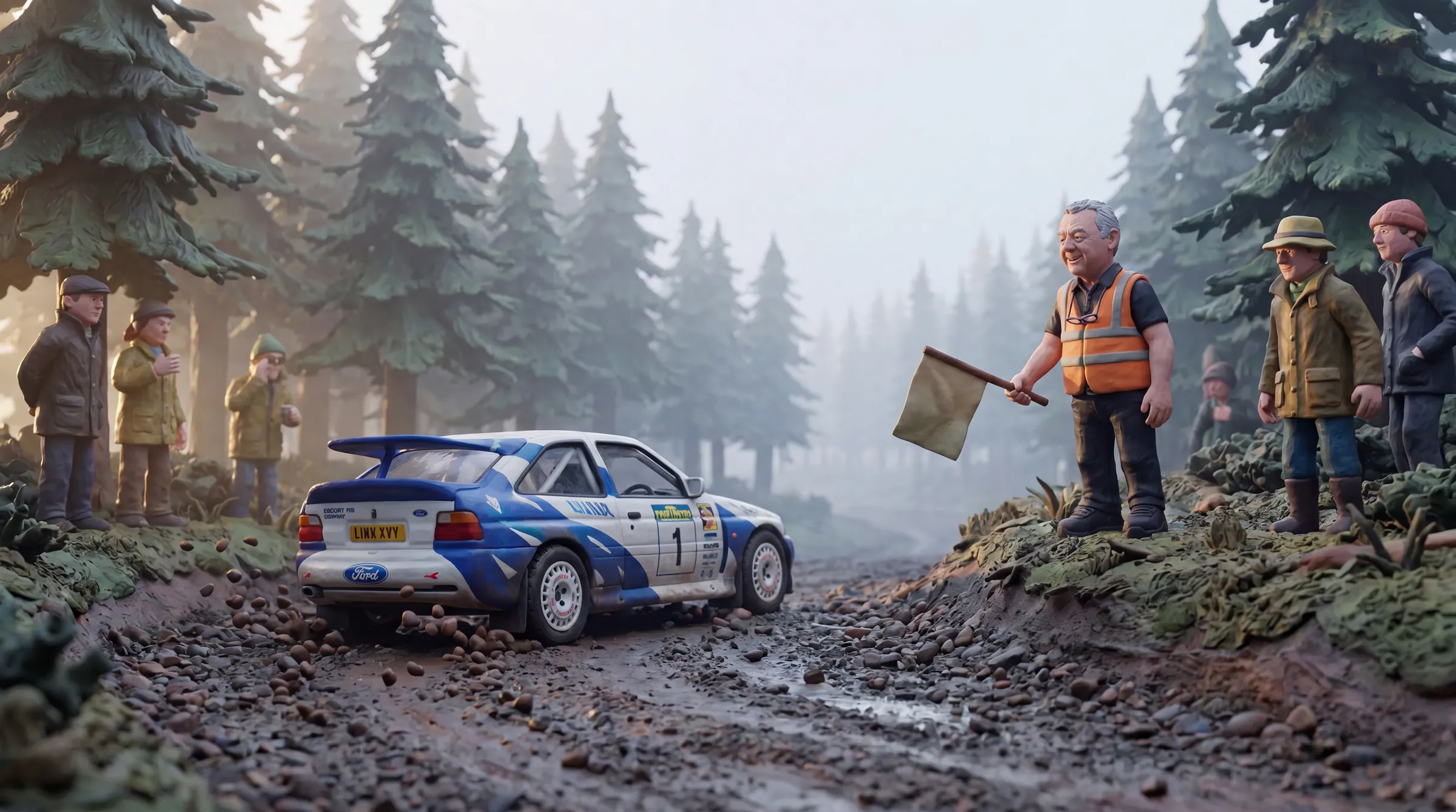 A rally car speeding through Kielder Forest at dawn with headlights on claymation scene