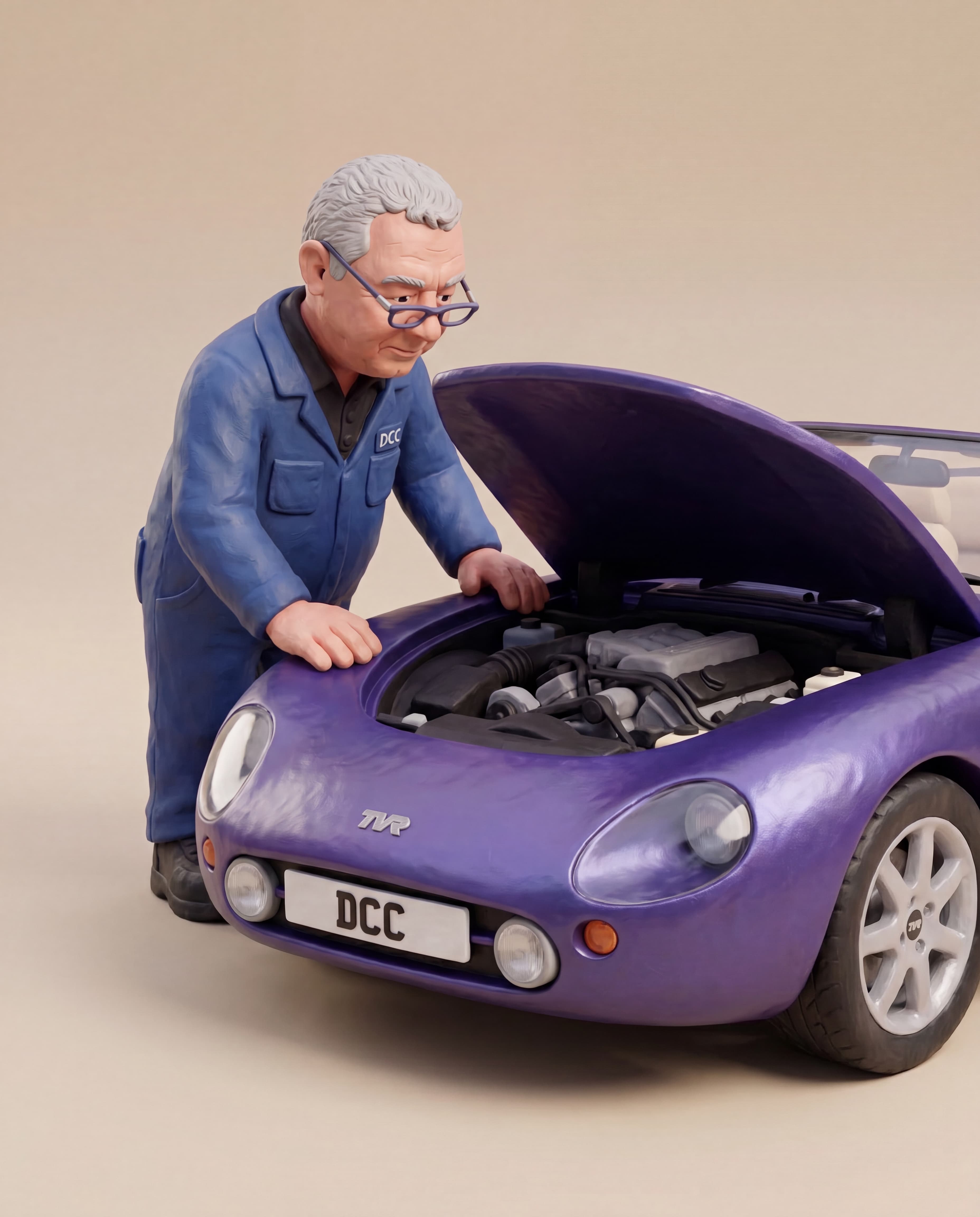 Dean checking ignition leads on a metallic purple 1996 TVR Griffith Roadster claymation scene