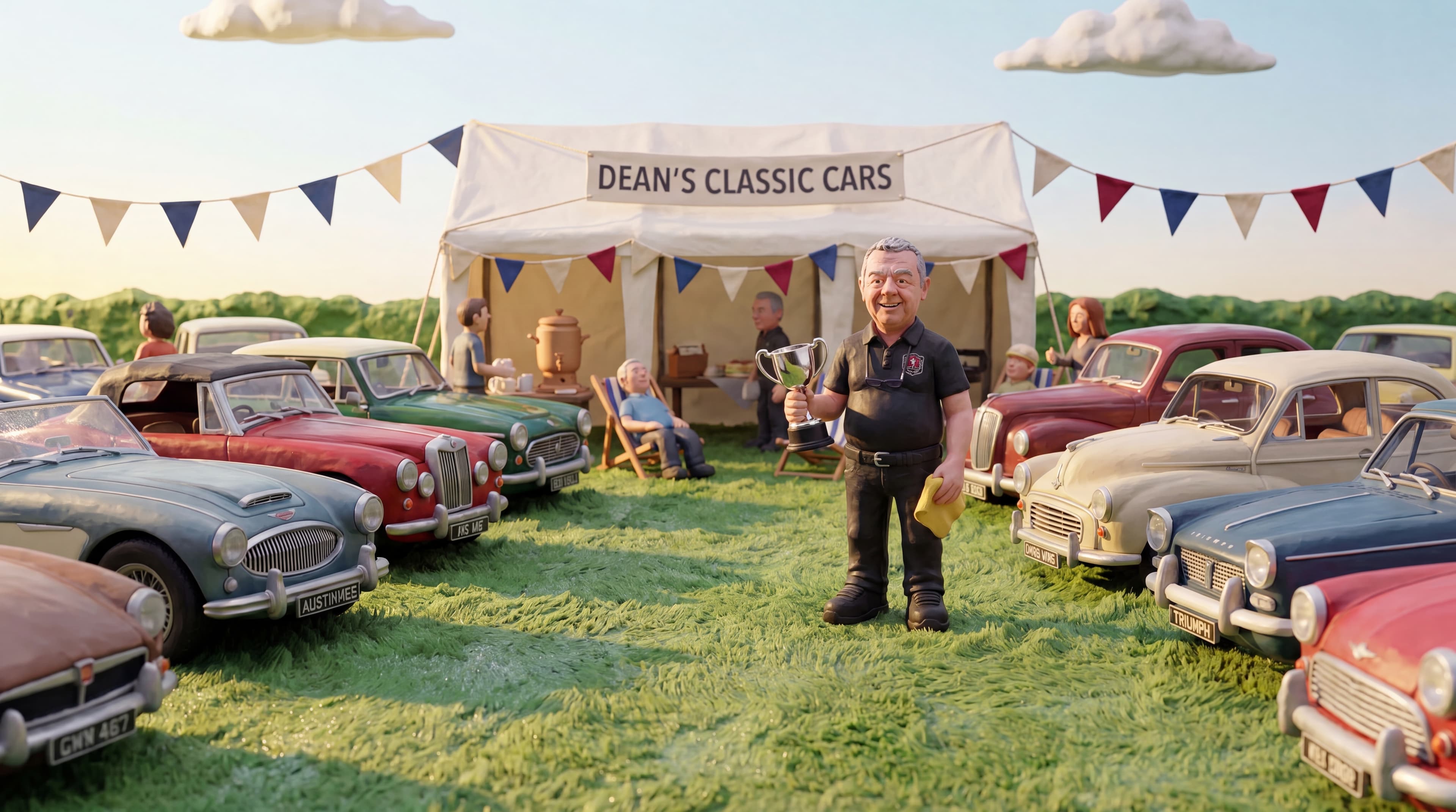 Classic car show field with tents and crowds claymation scene