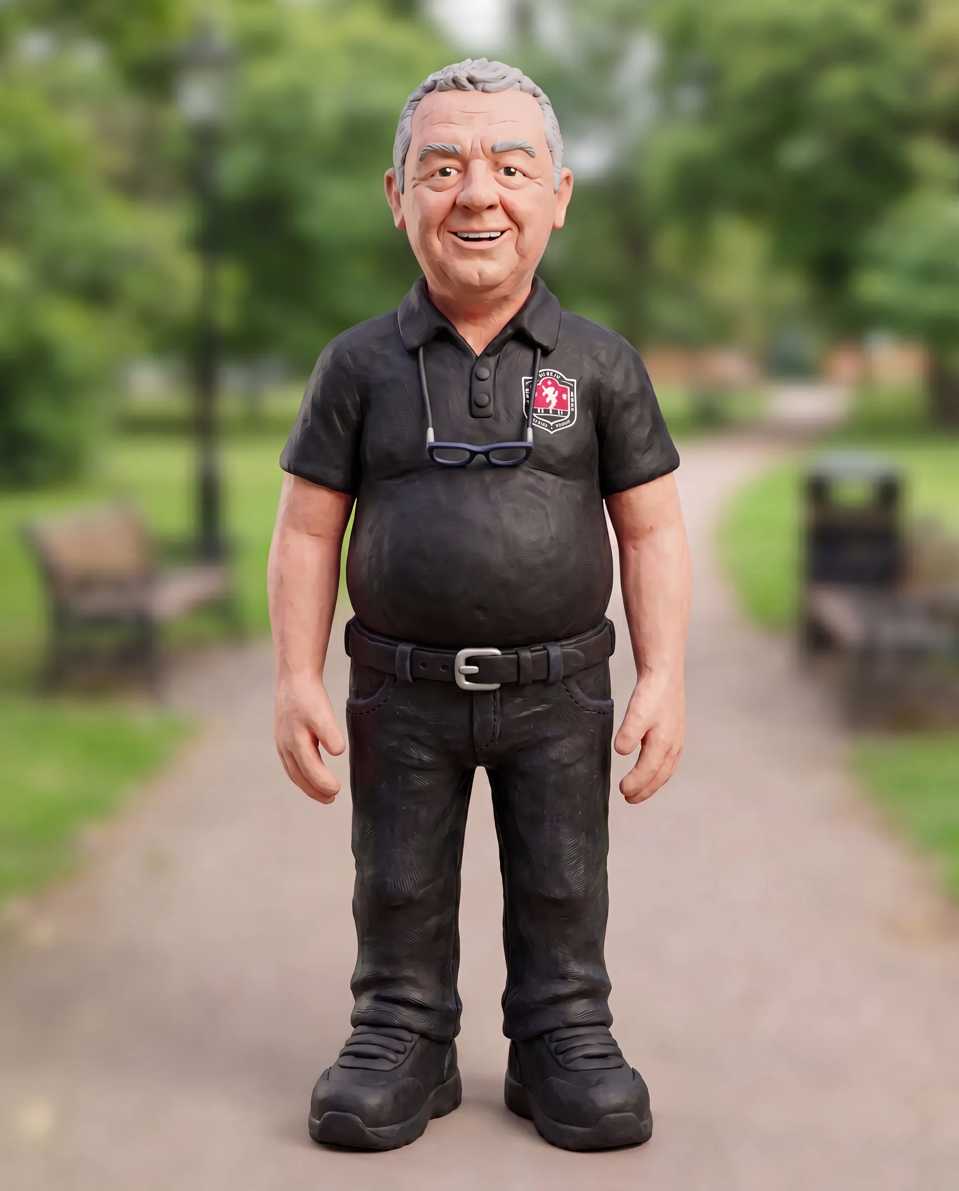 Clay model of Dean standing on a path in a leafy park, smiling, in a black polo shirt and dark trousers, with his reading glasses hanging on a cord round his neck
