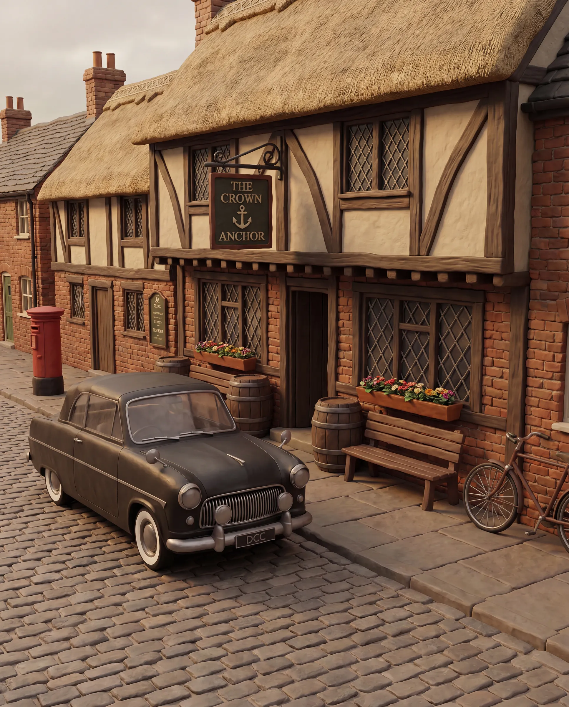 Clay model of Dean's black Ford Consul with the roof up, parked on a cobbled street outside a thatched, timber-framed pub with a sign reading The Crown Anchor, next to a red postbox, barrels, a bench and a bicycle