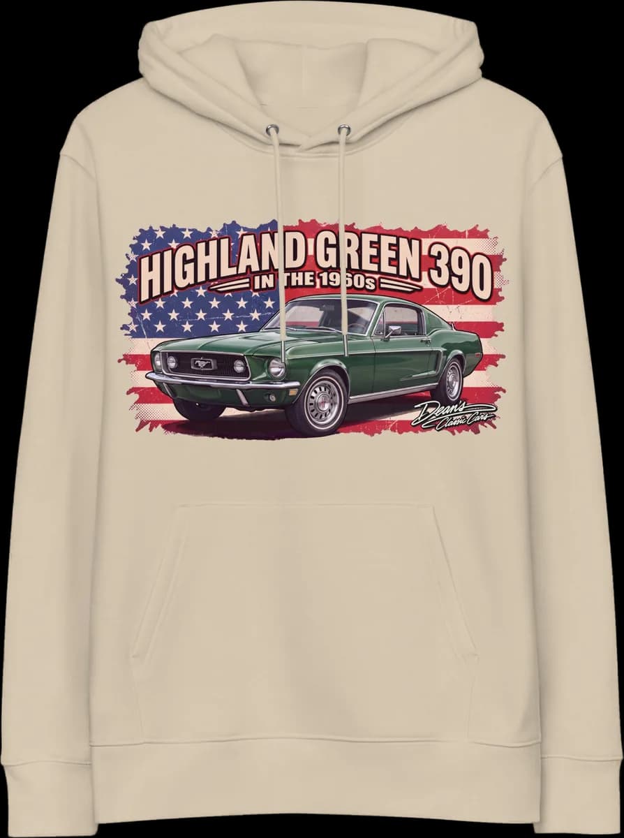 Mustang GT Highland Green on the front of a desert dust hoodie, Dean's Classic Cars